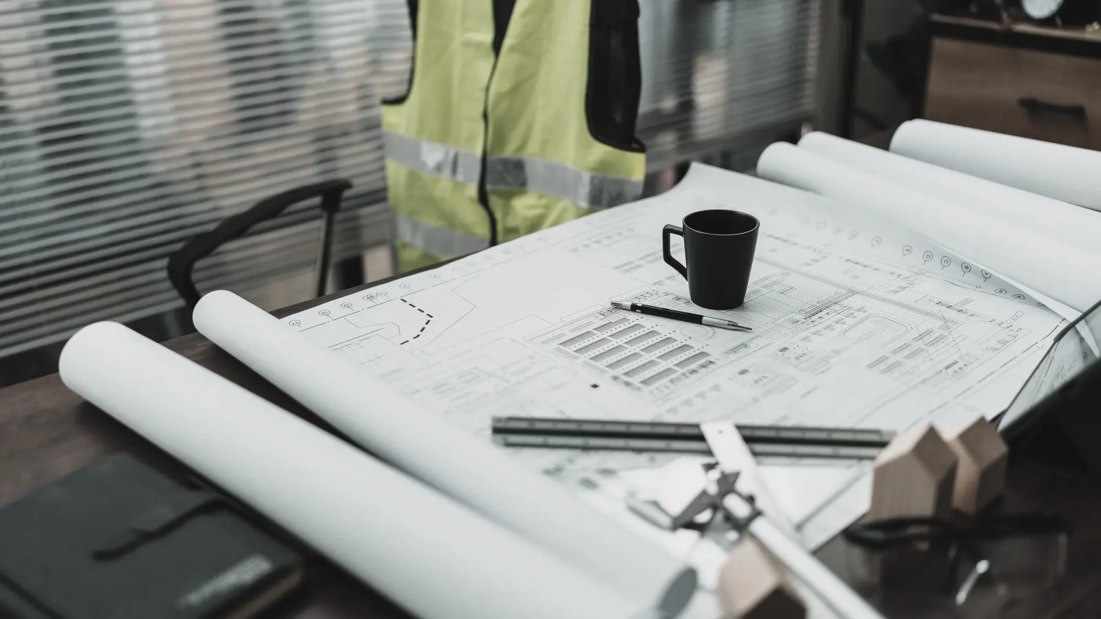 Bouwplannen op groot formaat naast een helm op een bureau